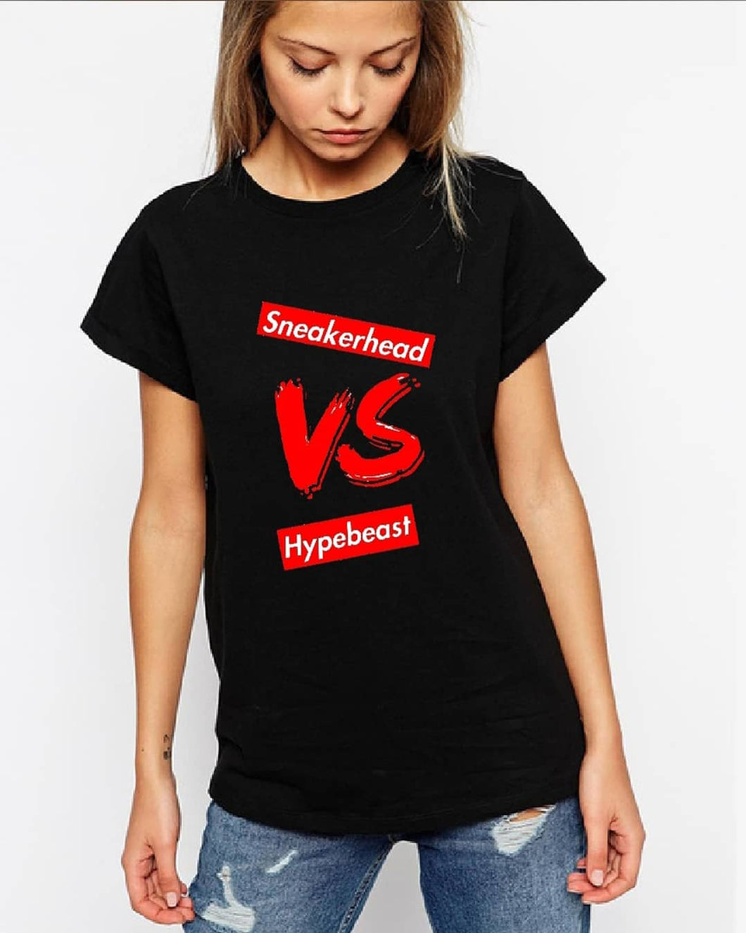 Womens Exclusive SNEAKERHEAD vs HYPEBEAST Slim-Fit Shirt - SNEAKERHEADS CLOTHING LINE